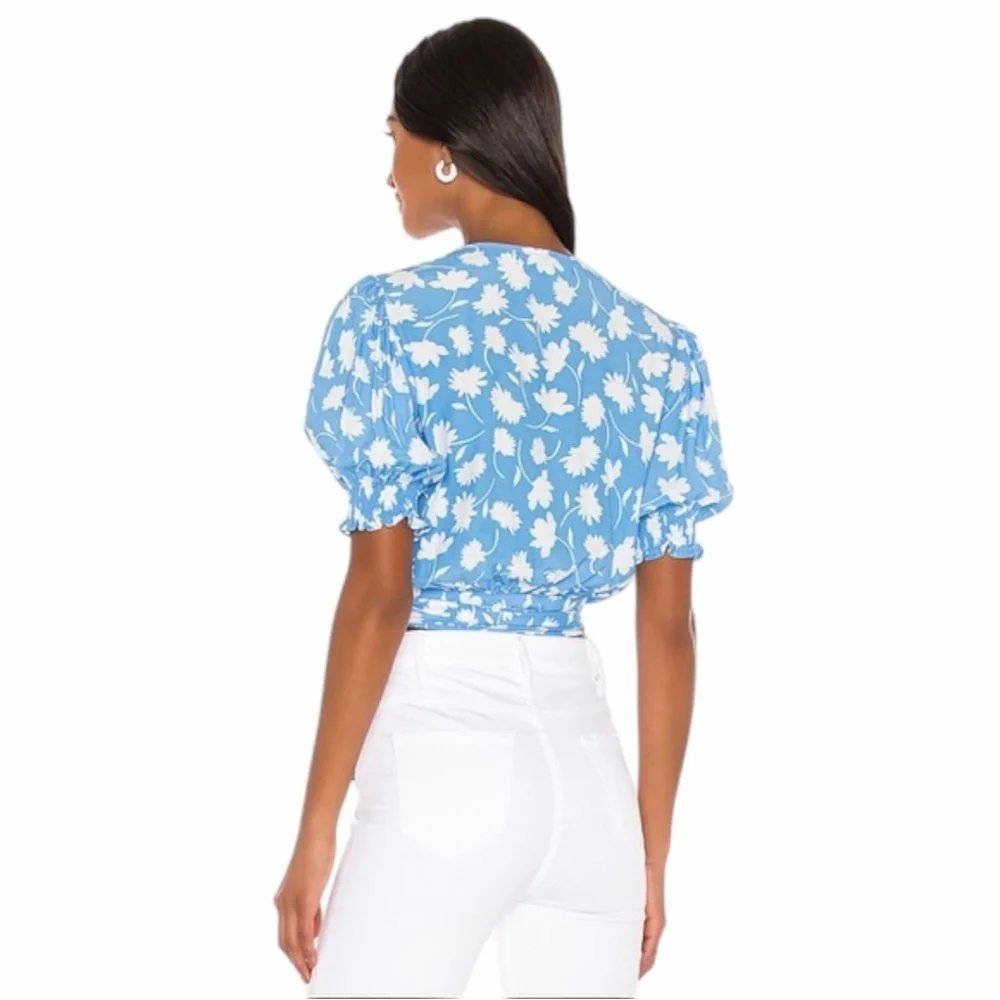 Faithfull the Brand Blue and White Floral Wrap Crop Blouse